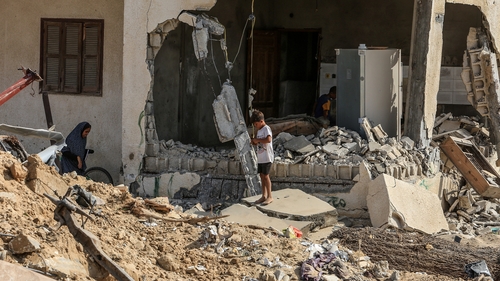 A view of the rubbles of destructed buildings and streets following the Israeli army's withdrawal from Khan Yunis