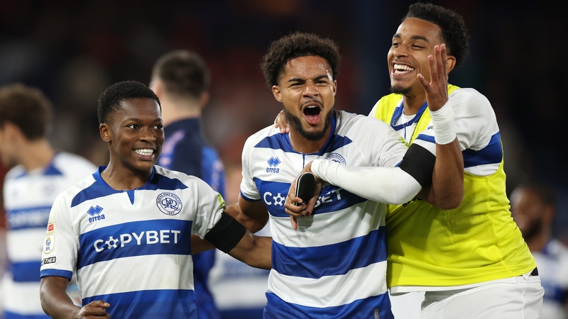 QPR players, left to right, Karamoko Dembele, Jonathan Varane and Alfie Lloyd celebrate the win