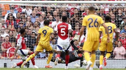 Joao Pedro (No 9) slots home the equaliser for Brighton
