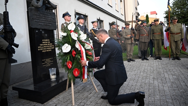 Poland's President Andrzej Duda lays a wreath at the monument of a former hospital in Wieluń, the first Polish town bombed by Nazi Germany in September 1939