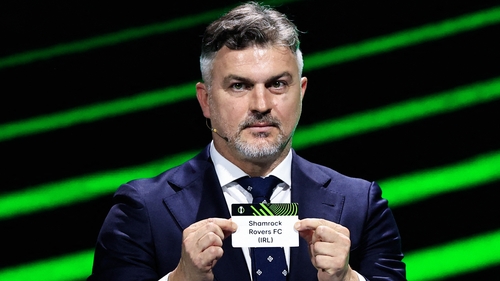 Former Polish player Michal Zewlakow shows the paper slip of Shamrock Rovers during the ceremony of the draw for the league phase of the 2024-2025 UEFA Conference League