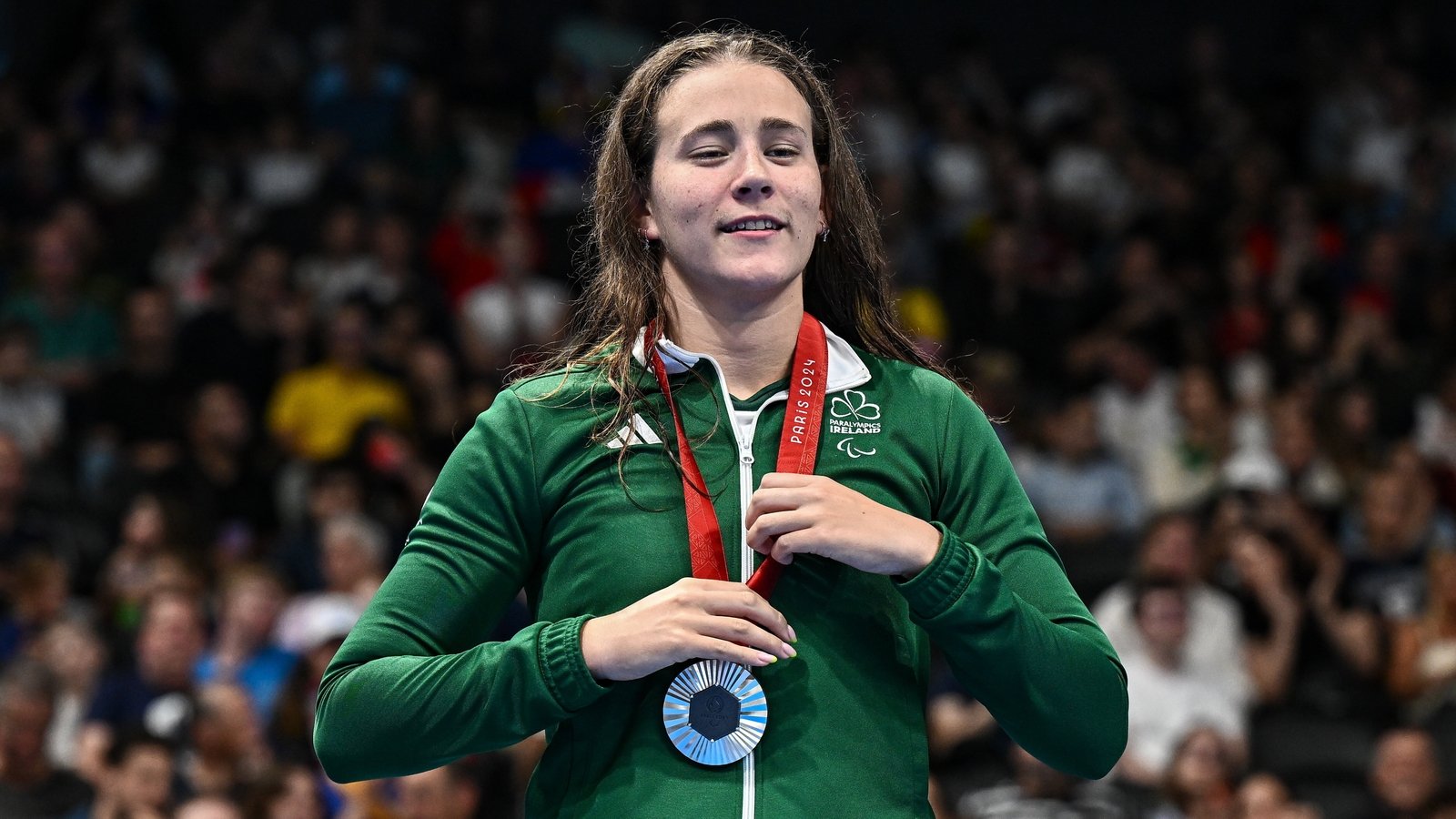 Soaking up the moment after receiving her silver medal in Paris