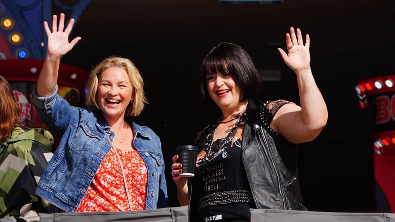 Joanna Page, who plays Stacey Shipman (left) and Ruth Jones, who plays Nessa Jenkins (right) during filming for the Gavin and Stacey Christmas Day special at Barry in the Vale of Glamorgan, Wales.