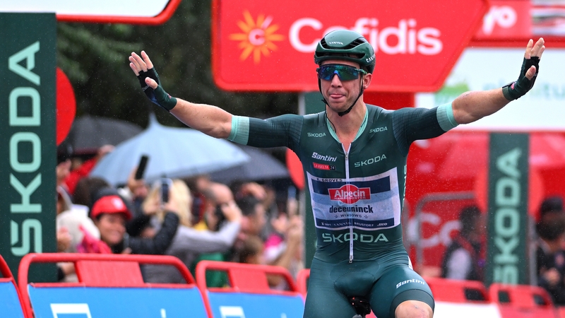 Kaden Groves sports the Green Points Jersey as he celebrates at finish line