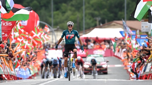Urko Berrade crosses the finish line to win the stage