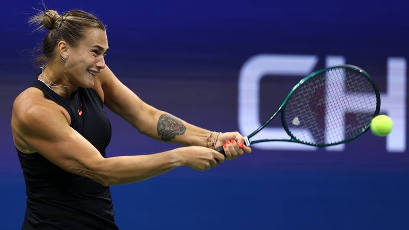 Aryna Sabalenka crushes a backhand in her win over Emma Navarro
