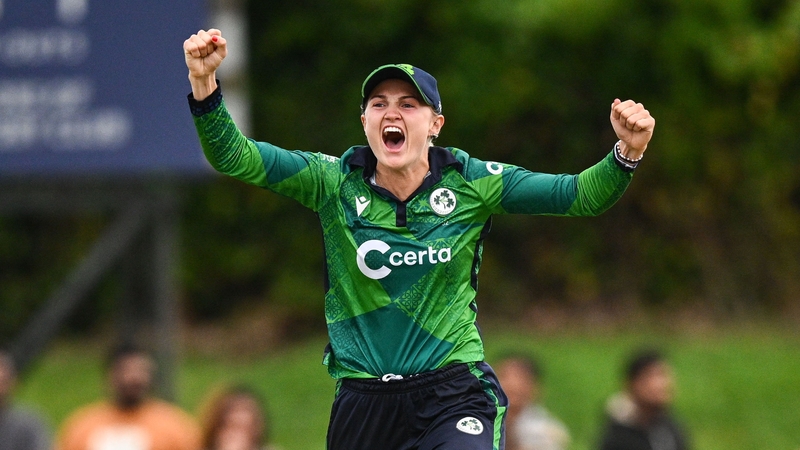 Gaby Lewis celebrates after her side's victory in match two against Sri Lanka