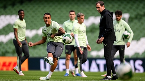 Adam Idah works on some shooting practice at the stadium on the eve of the England game