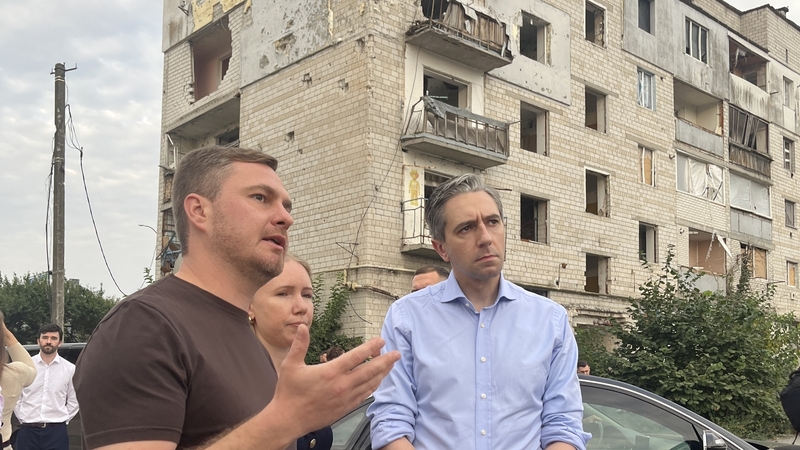 Simon Harris was shown the destruction caused by the Russian invasion in the town of Borodyanka