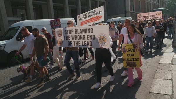 Dozens of campaigners, alongside their dogs, gathered by Stephen's Green in Dublin to protest the upcoming ban