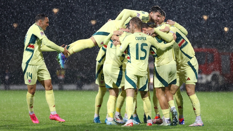 The Wales player celebrate Kieffer Moore's early strike