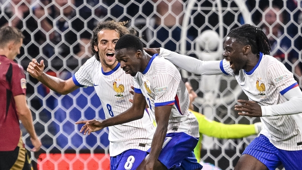 Ousmane Dembele (c) celebrates his goal for France against Belgium