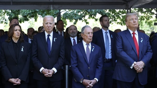 US President Joe Biden and former New York mayor Michael Bloomberg stood in between Kamala Harris and Donald Trump at the ceremony
