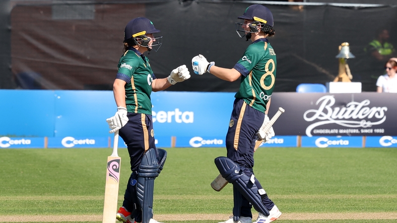 Irish players celebrate a rare win over England today. Picture credit: X/@IrishWomensCric