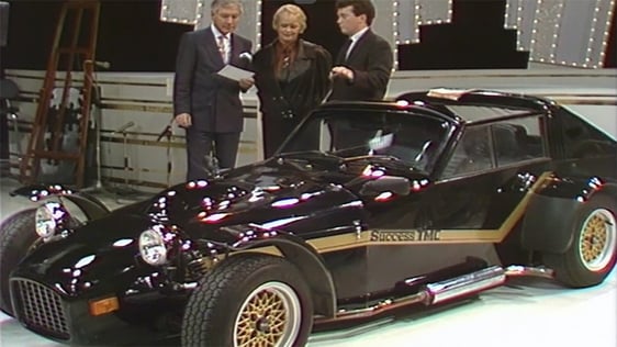 Gay Byrne, Noelle Campbell-Sharpe and Peter Thompson with the TMC Costin sports car in 1984.