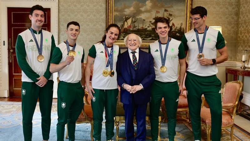 Some of Ireland's Olympic medal winners from Paris 2024 - and the President - at Áras an Uachtaráin.