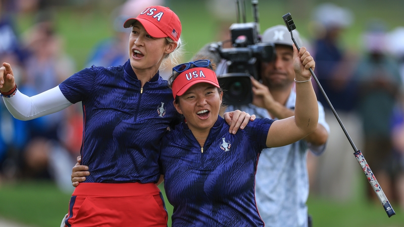 Nelly Korda and Megan Khang celebrate their crushing win over Leona Maguire and Georgia Hall