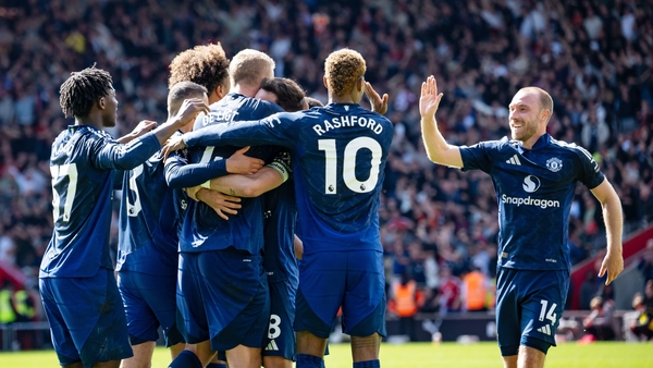 Man United players celebrate Matthijs de Ligt's opener