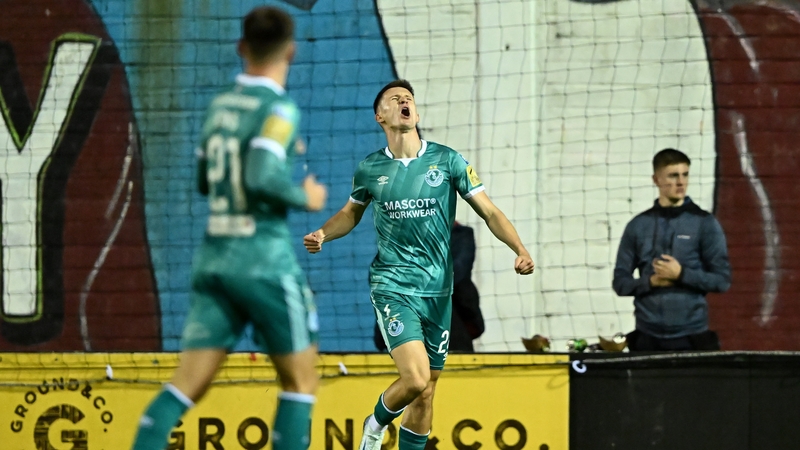 Shamrock Rovers striker Johnny Kenny celebrates after his side's second goal, an own goal by Galway United's Garry Buckley