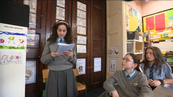 A candidate speaking during the Gaelscoil Choláiste Mhuire Class President Elections.