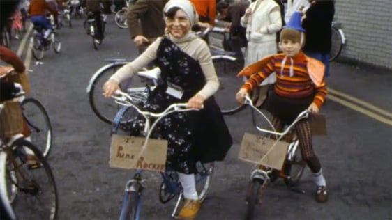Girls in fancy dress taking part in the Athy charity cycle tour, 1979
