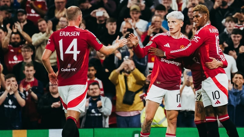 United's goalscorers in Barnsley rout: (l-r) Eriksen, Garnacho, Antony, Rashford