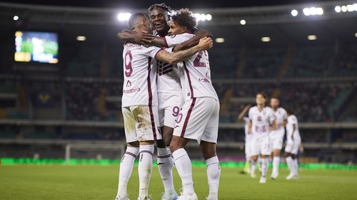 Antonio Sanabria celebrates with Torino team-mates Duvan Zapata and Valentino Lazaro after his side's opening goal