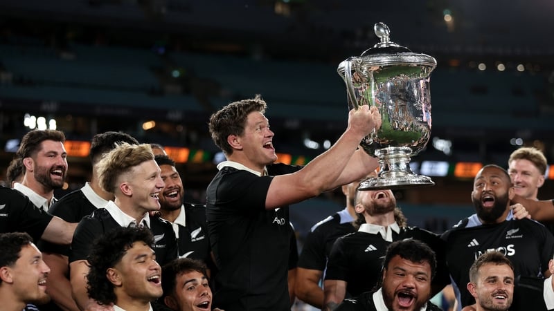 Scott Barrett raises the Bledisloe Cup after New Zealand's win over Australia