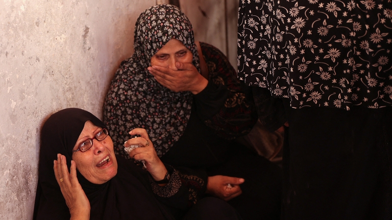 The Hamas-run government media office said 13 children, including a three-month-old baby, and six women were among the dead