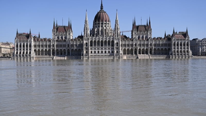 The Parliament building in Budapest pictured as the flood water reached its base and stairs