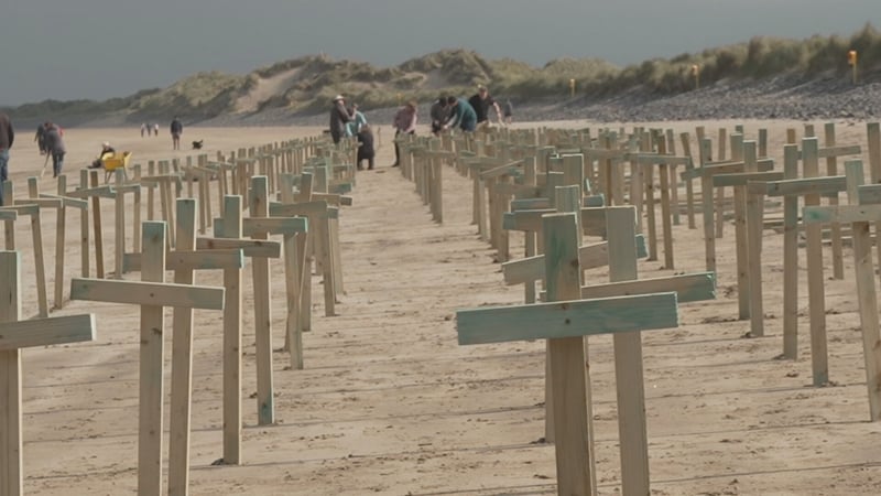 1,100 crosses were erected on the beach as part of the commemoration at Streedagh Beach