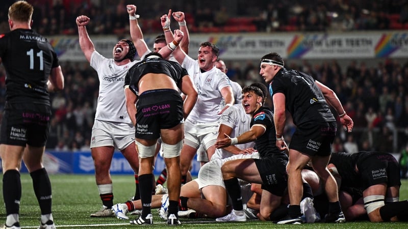 Ulster players celebrate their late winner