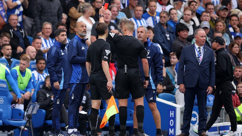 Nottingham Forest manager Nuno Espirito Santo is shown red by referee Robert Jones