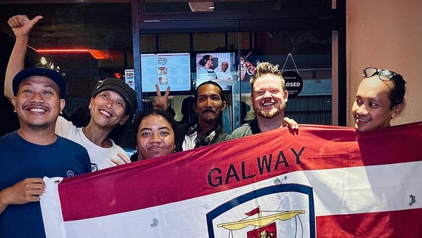 Mike Finnegan, second from right, with Celtic Room trad band in Bali. [Photo: Mike Finnegan]