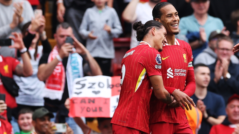 Darwin Nunez (L) celebrates with Virgil van Dijk after scoring for Liverpool against Bournemouth