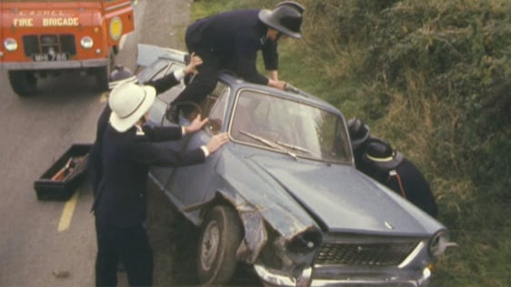 Fire brigade personnel in Tipperary test a vehicle equipped for car crash rescue work, 1974.