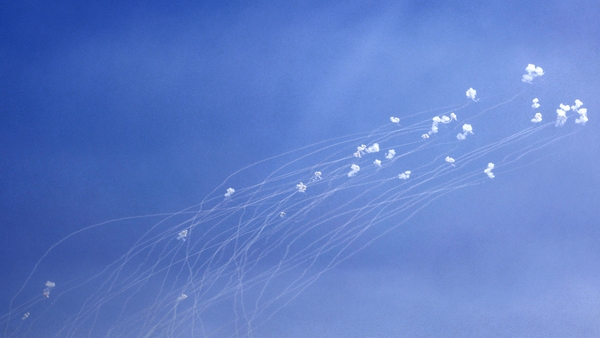 Rockets fired from southern Lebanon are intercepted by Israel's Iron Dome air defence system over the Upper Galilee region in northern Israel