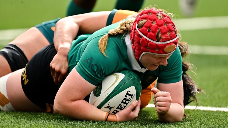 Aoife Wafer scored twice for Ireland against the Wallaroos