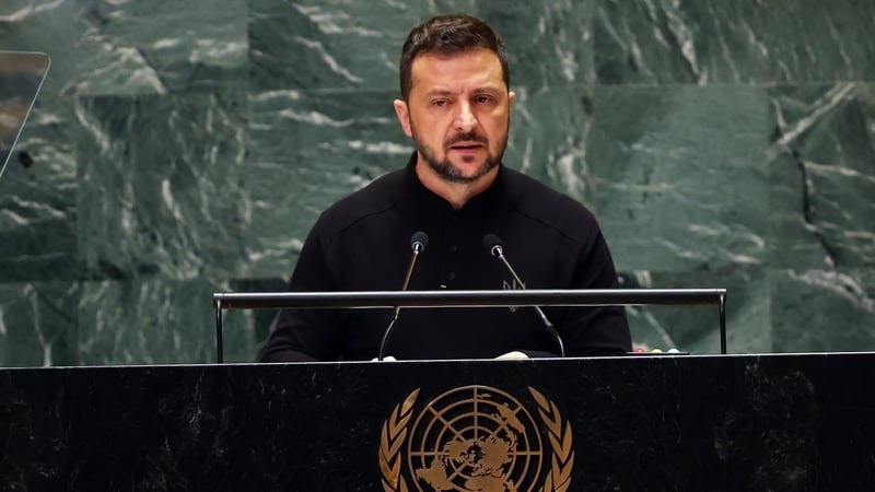 Volodymyr Zelensky pictured addressing world leaders at the UN General Assembly in New York