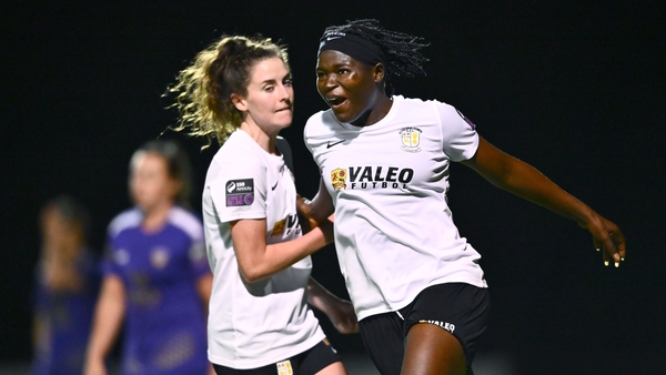 Brenda Ebika Tabe (R) celebrates her second goal for Athlone Town