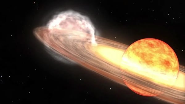 A red giant star and white dwarf orbit each other in this animation of a nova similar to T Coronae Borealis. Photo: NASA/Goddard Space Flight Center