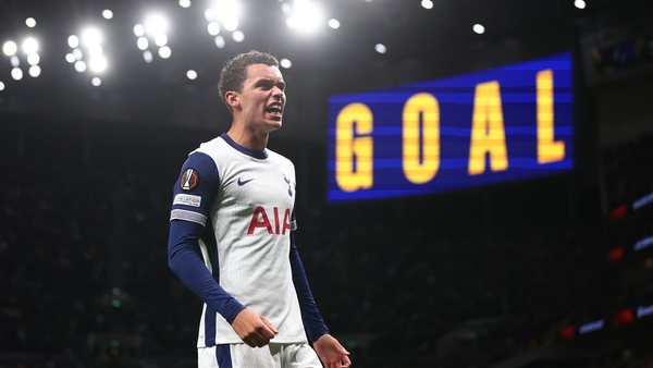 Brennan Johnson celebrates opening the scoring in Tottenham's win at home against Qarabag