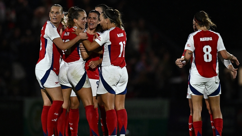 Arsenal players, including Katie McCabe, after Lia Walti scored against BK Hacken