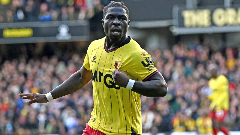 Festy Ebosele celebrates after scoring his first goal for Watford