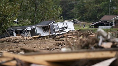 A home destroyed by Hurricane Helene in Fairview, North Carolina