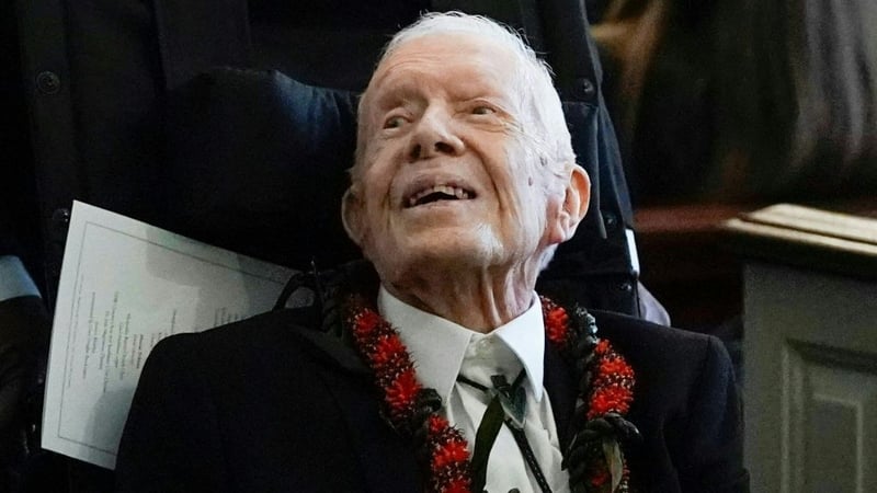 Jimmy Carter pictured at the funeral of his wife, Rosalynn, last November