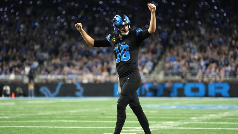 Jared Goff celebrates a touchdown during the Detroit Lions victory