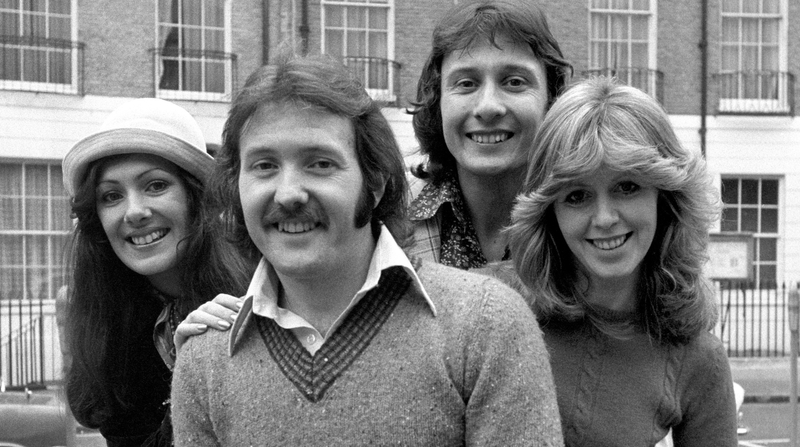 Brotherhood of Man pictured in February 1976: (left to right) Nicky Stevens, Martin Lee, Lee Sheriden and Sandra Stevens. Photo credit should read: PA Wire