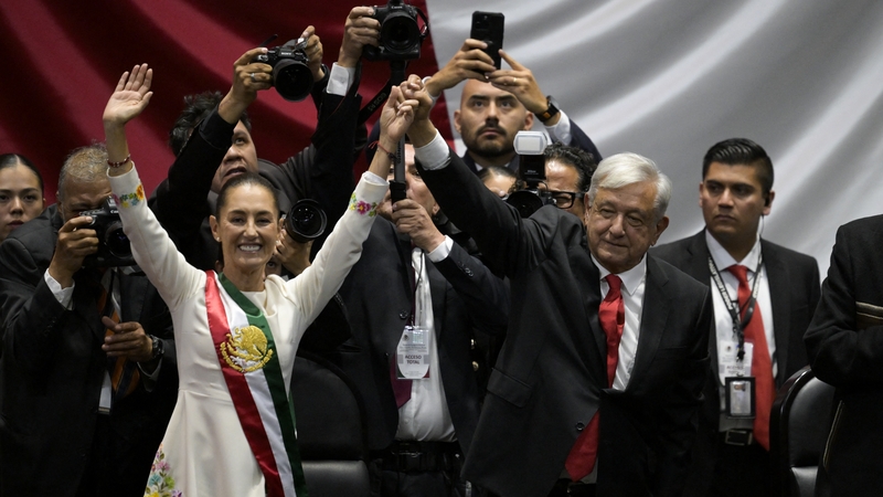 Mexico's new President Claudia Sheinbaum and outgoing Mexican President Andres Manuel Lopez Obrador during the inauguration ceremony