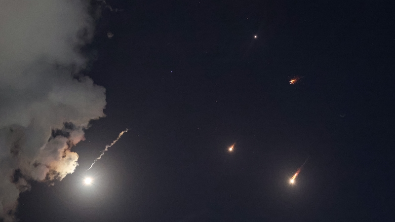 This picture shows projectiles launched from Iran being intercepted by Israel's air defences above Tel Aviv